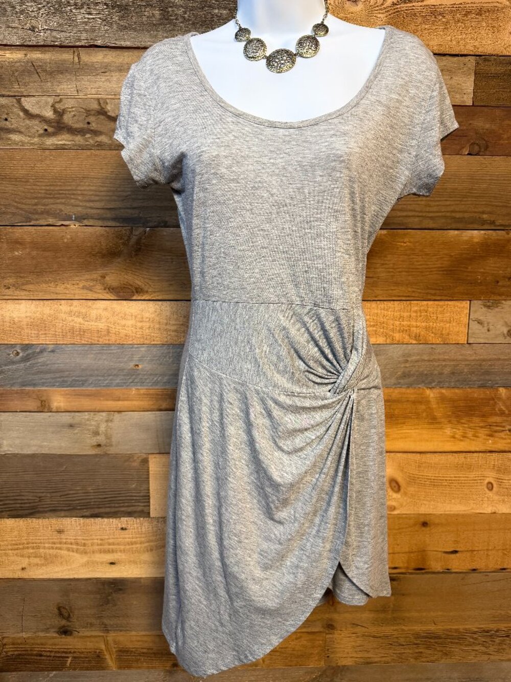 RD Style Twist Waist Dress M Gray Asymmetrical Hem Casual Chic Minimalist